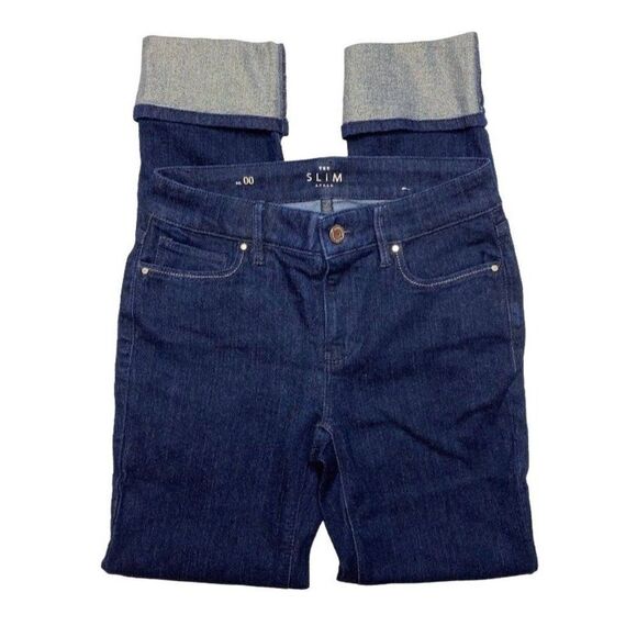 White House Black Market Dark Wash Denim Slim Ankle Gold Cuff Mid Rise Jeans 00 - Picture 1 of 11